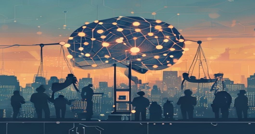 Neural network over city skyline with workers, robotic arms, and a balance scale