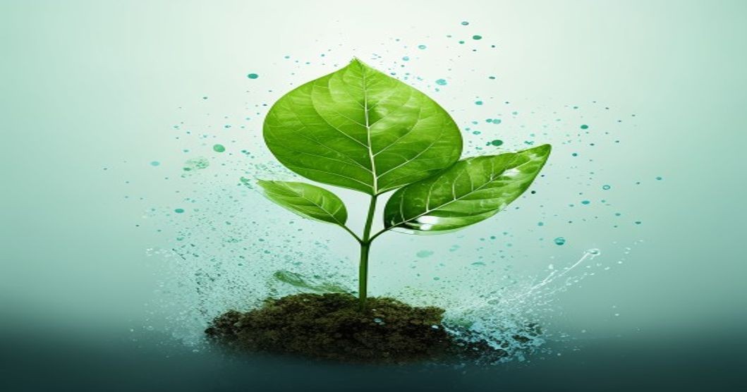 Abstract editorial illustration of a biodegradable plant-based polymer dissolving into soil and water