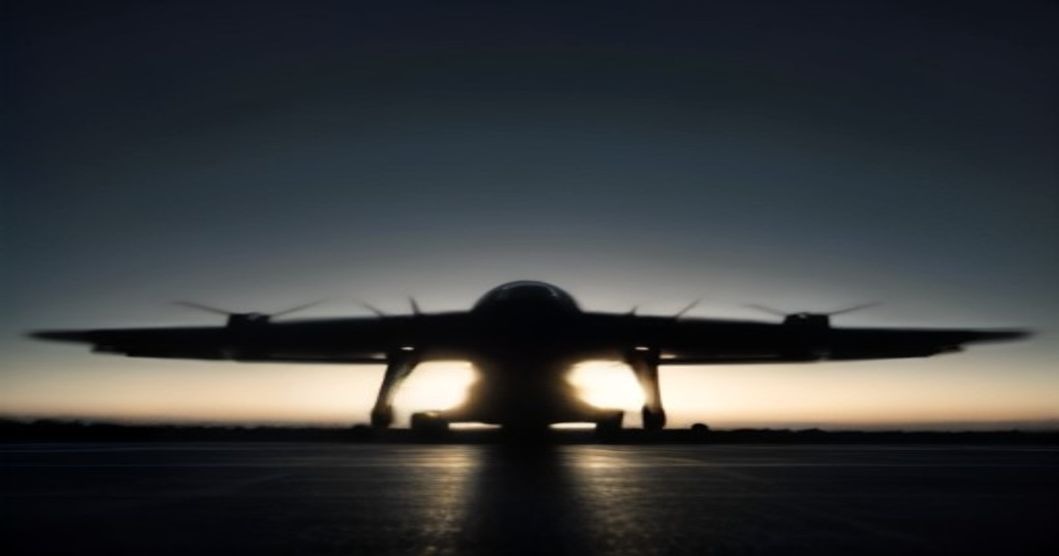 Quadcopter drone resting on an airport runway at dusk near cargo aircraft