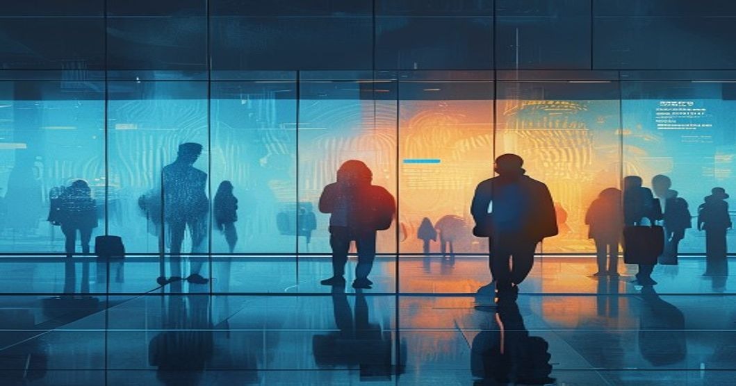 Abstract editorial illustration of biometric border checkpoint, cool blue and amber tones