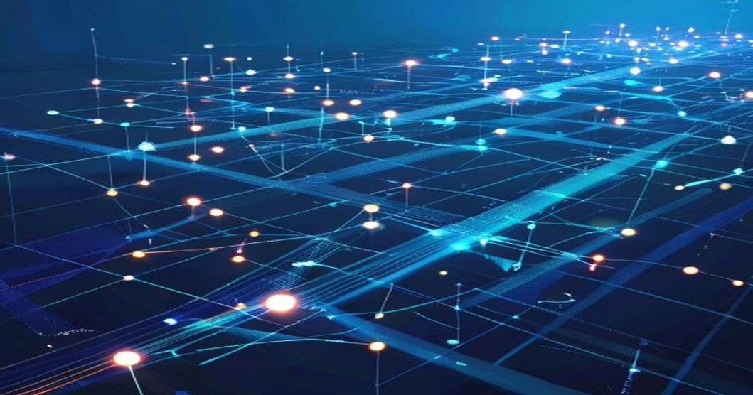 Abstract illustration of AI-powered air traffic control with glowing flight paths and radar rings
