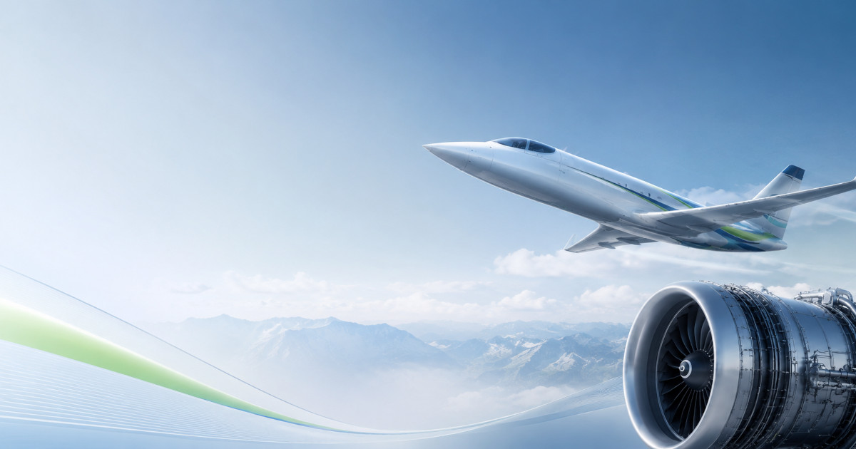 Conceptual illustration of hydrogen jet engine turbine with blue flame at high altitude