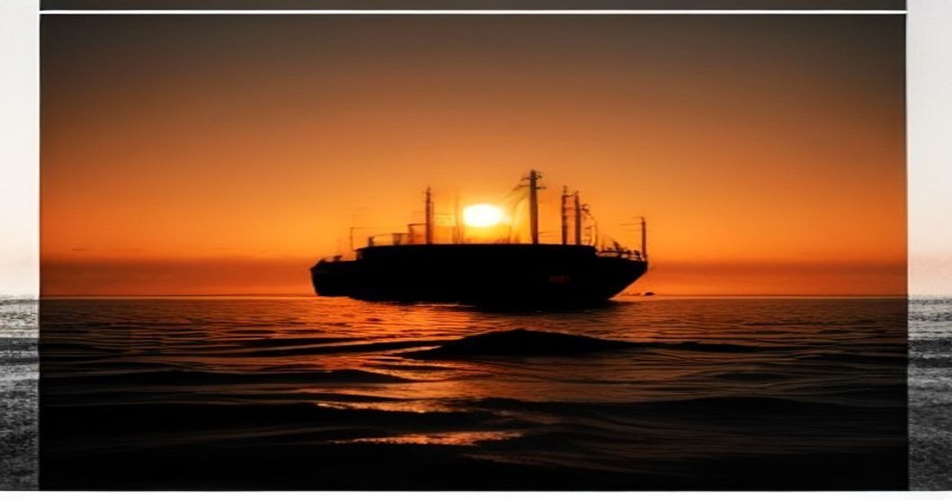 Minimalist illustration of a lone tanker silhouetted against an amber sky over a narrow maritime chokepoint