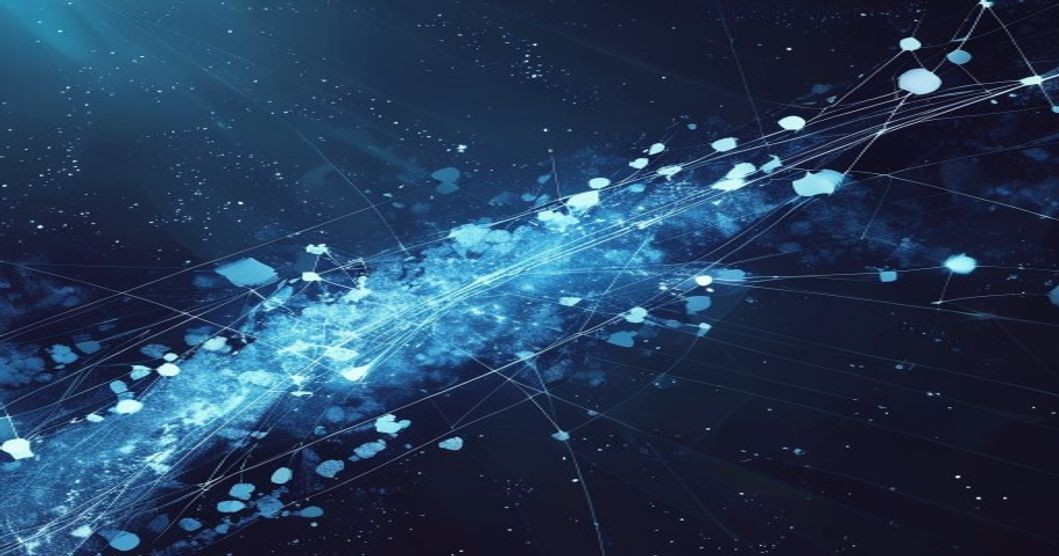 Abstract orbital infrastructure visualization with satellite constellation geometry and financial market data flow