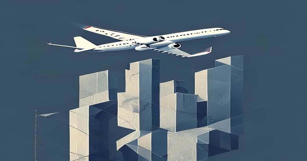 Abstract illustration of an airplane departing from fractured pillars representing supply chain, oil, and ATM failure